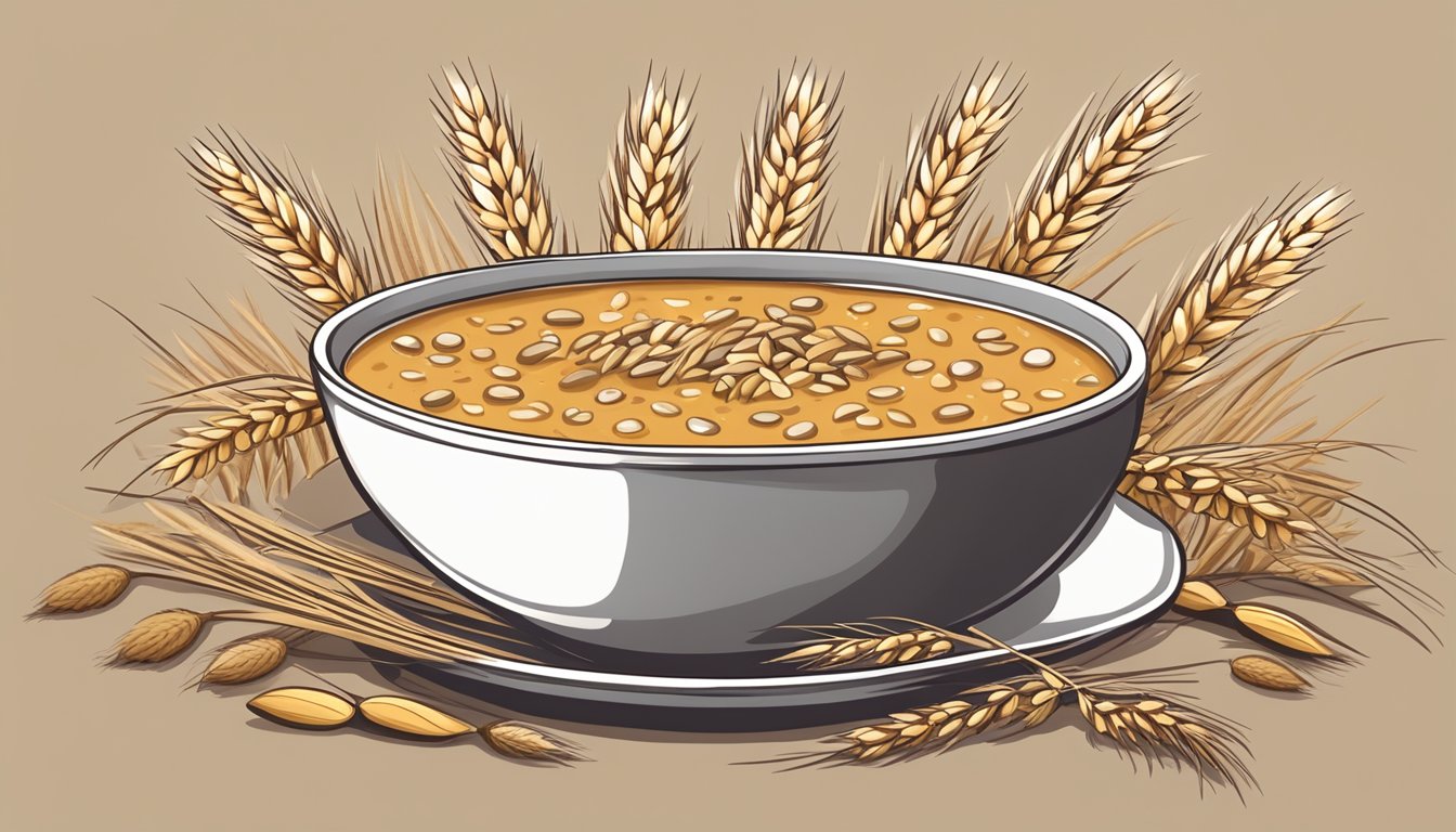 A steaming bowl of barley soup surrounded by wheat, rye, and barley grains, along with other gluten-containing foods like bread and pasta