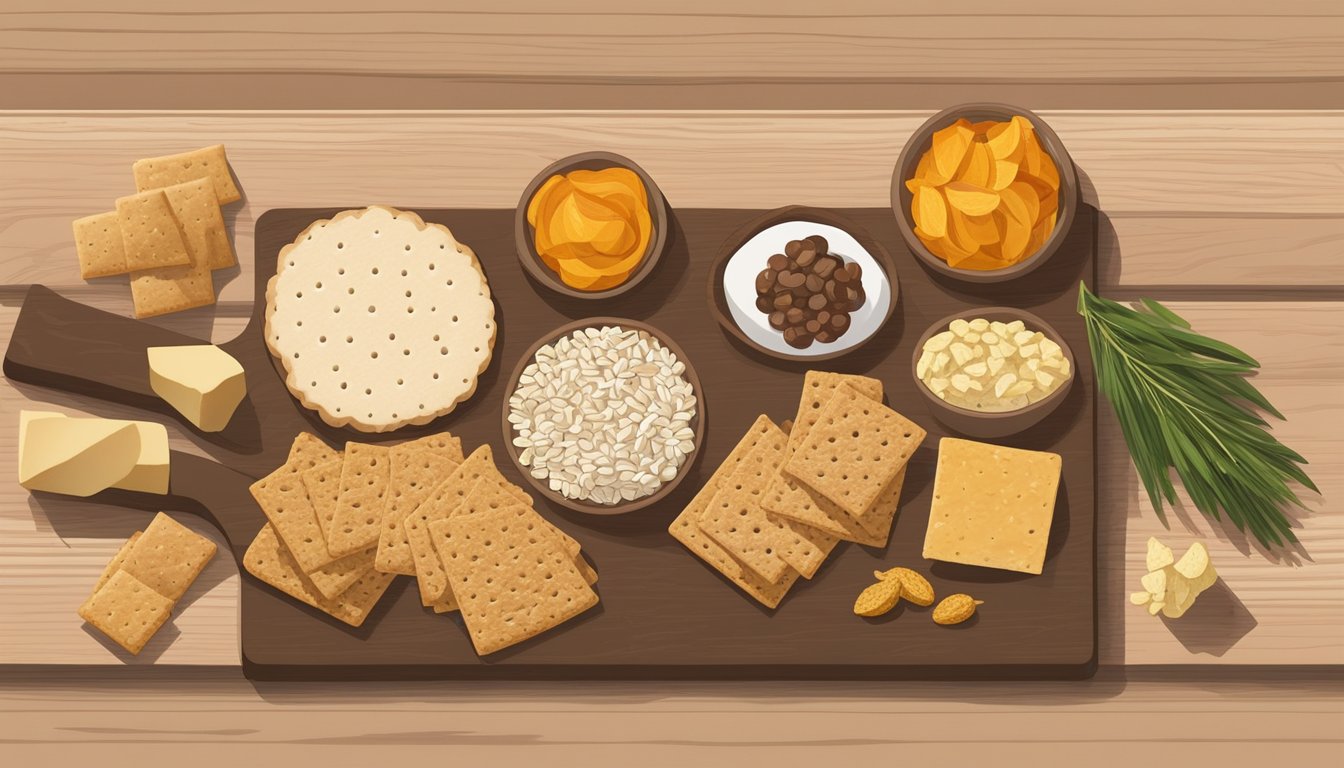 A spread of rye crackers, along with other gluten-rich foods, arranged on a wooden cutting board