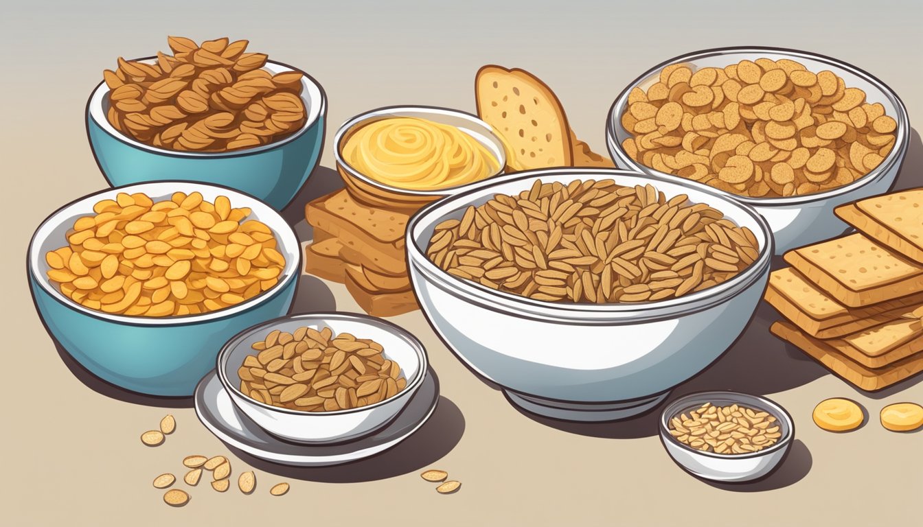 A table with a bowl of spelt pasta surrounded by gluten-containing foods like bread, cereal, and crackers