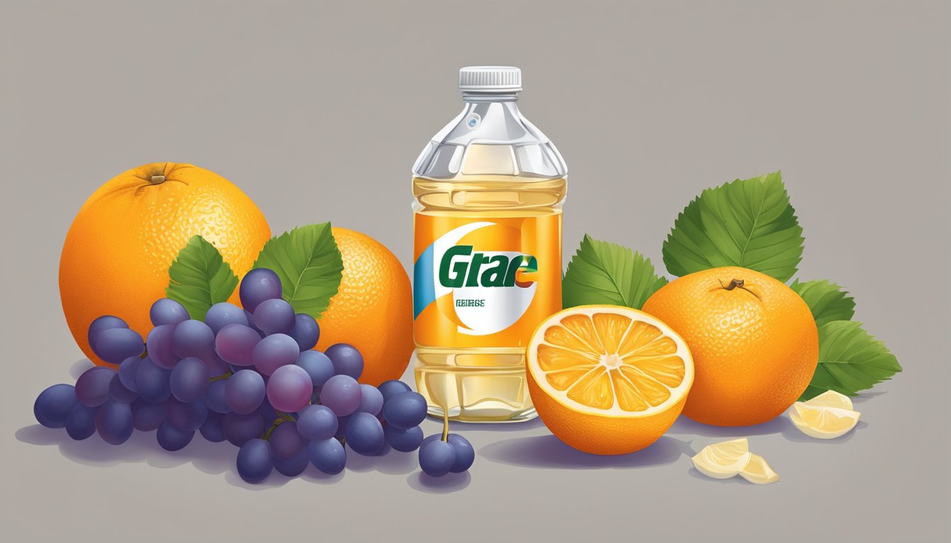 A glass of Gatorade surrounded by oranges, grapes, and a bottle of honey