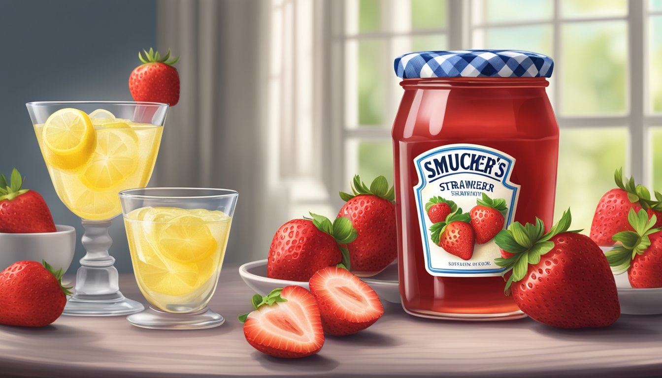 A jar of Smucker's Strawberry Jelly surrounded by fresh strawberries and a glass of lemonade, all placed on a table