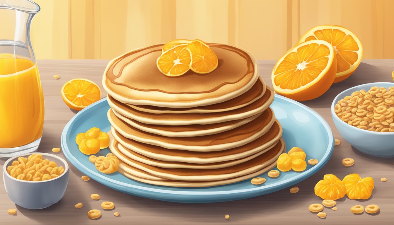 A stack of pancakes drenched in Trojan Stamina Cinnamon Flavor Syrup, surrounded by a glass of orange juice and a bowl of sugary cereal