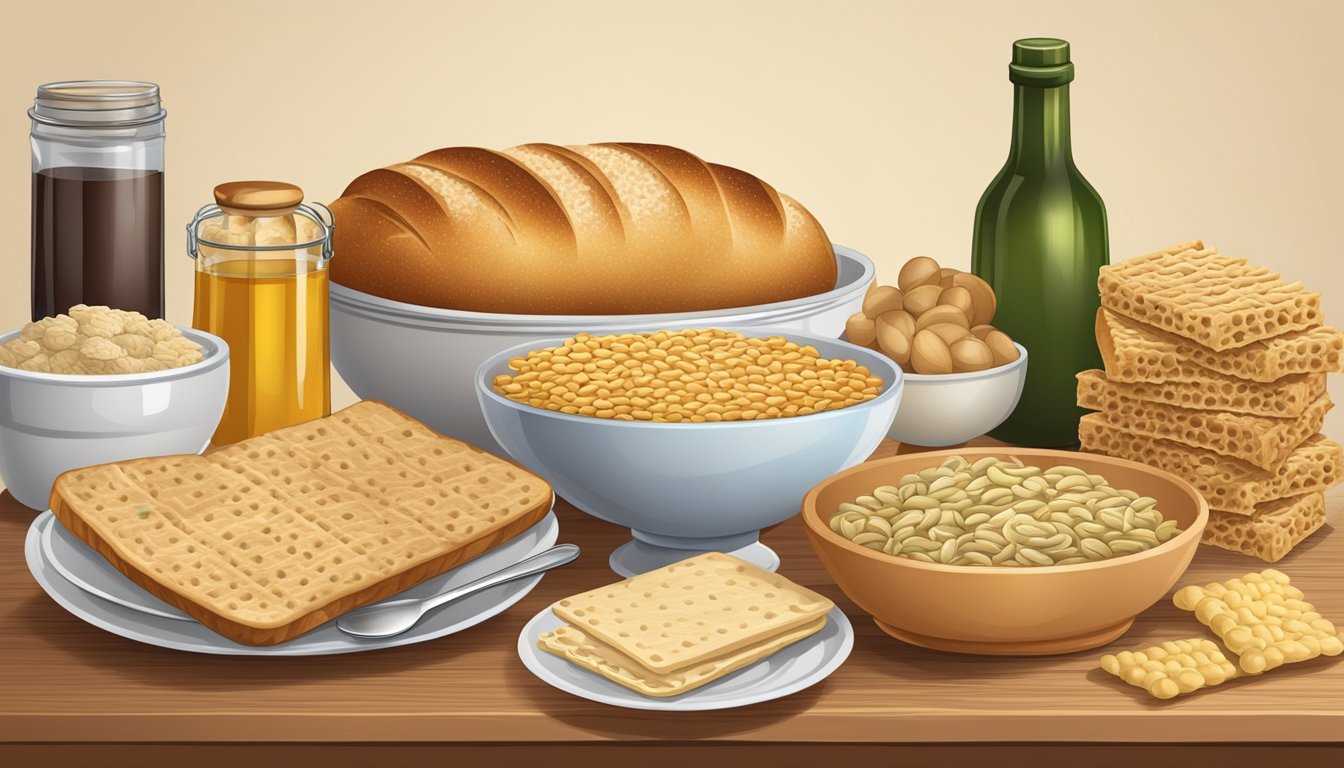 A table with a loaf of matzo and 8 different foods high in gluten, such as bread, pasta, and cereal, arranged neatly for a gluten-free diet illustration