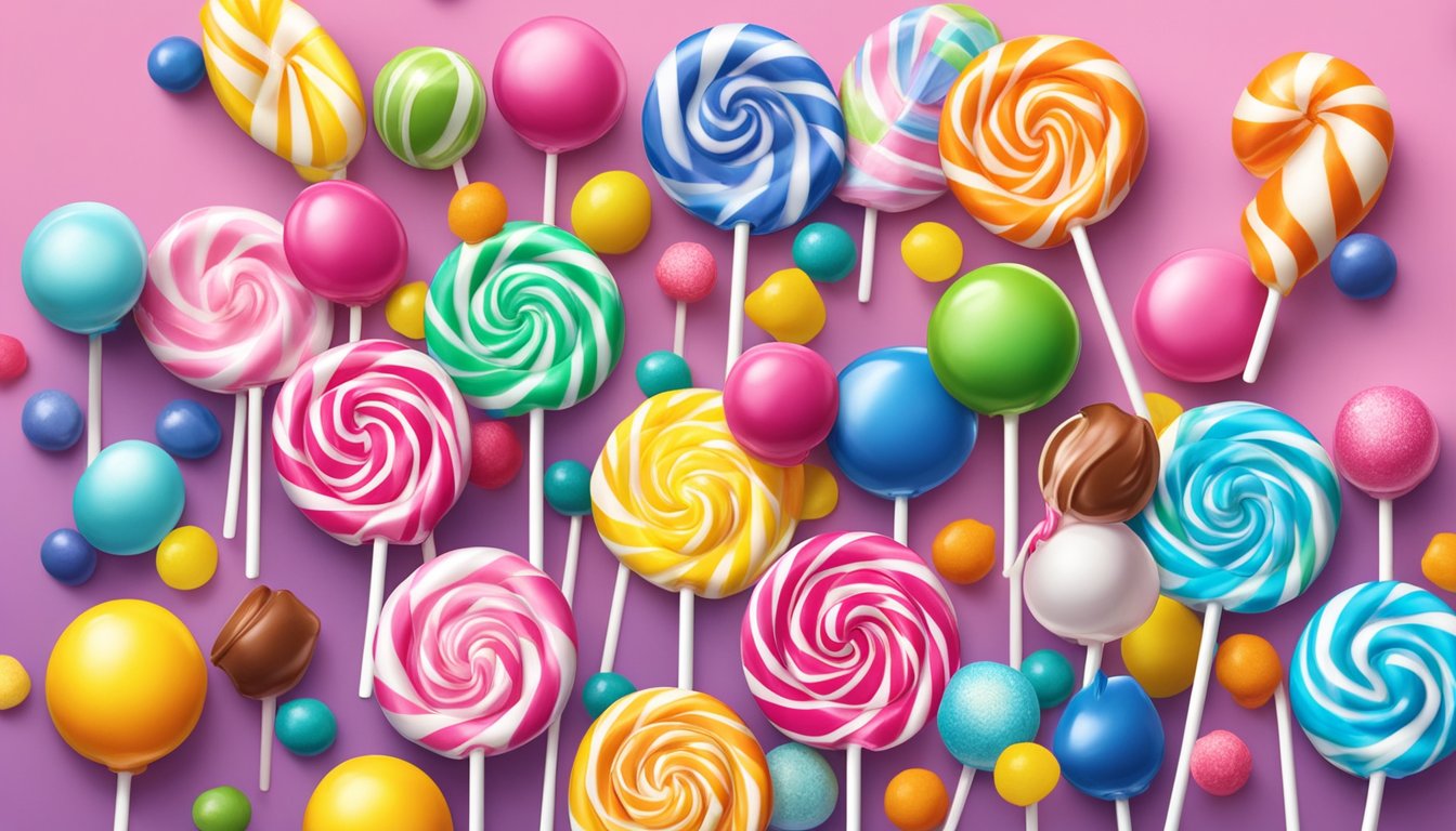 A colorful display of Colombina Bon Bon Bum lollipops surrounded by various dextrose-rich foods and beverages