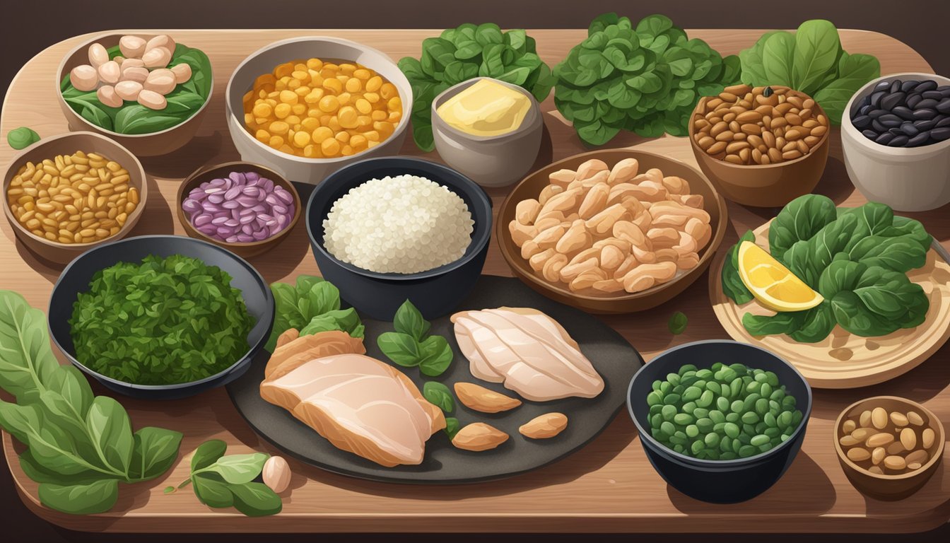 A table with a variety of foods rich in glycine: spinach, seaweed, pork, chicken, and beans