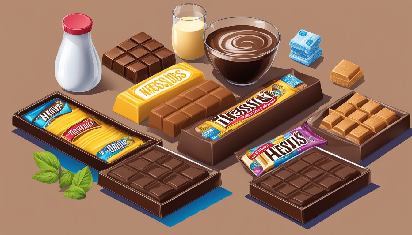 A Hershey's Milk Chocolate Bar surrounded by various foods and beverages high in dextrose