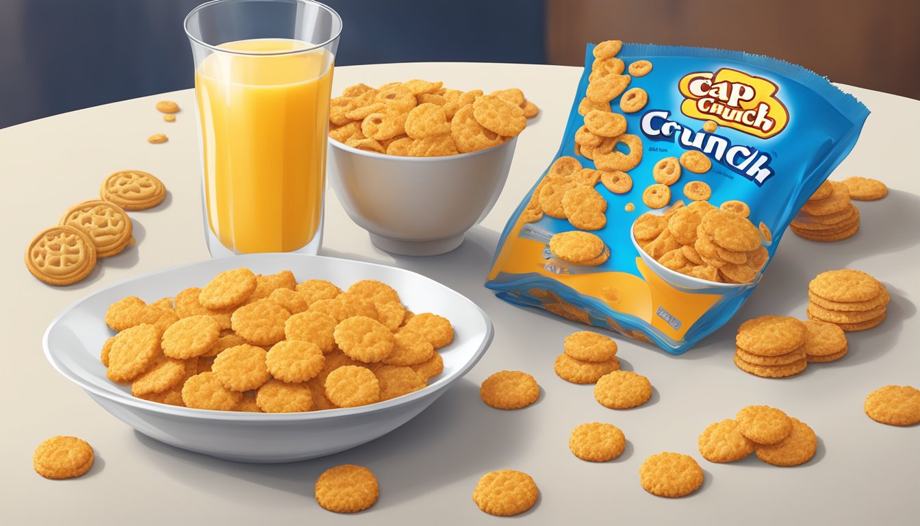 A bowl of Cap'n Crunch cereal surrounded by a glass of orange juice and a plate of cookies, all high in dextrose