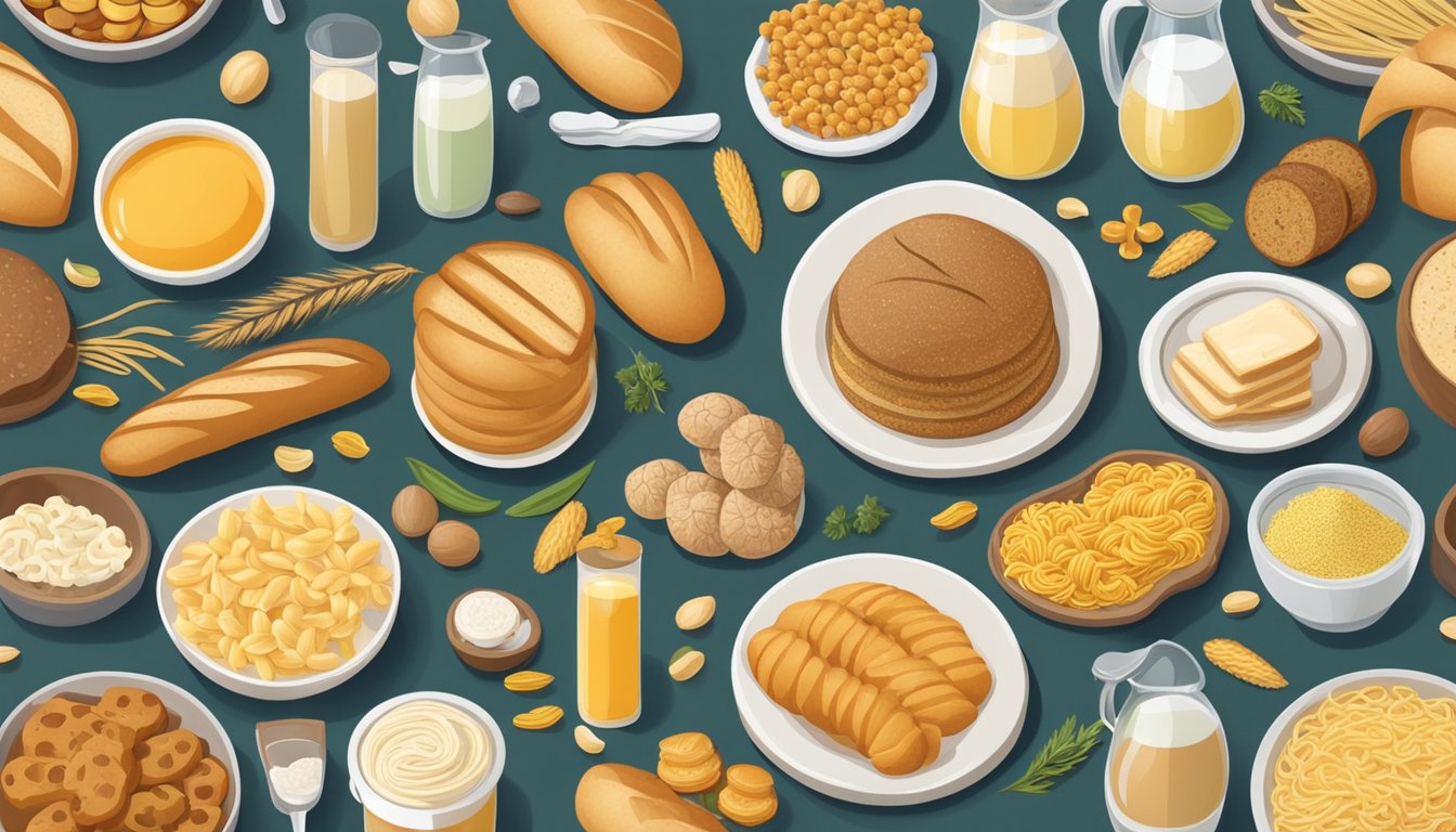 A table with a variety of common foods such as bread, pasta, cereal, and baked goods, with a clear emphasis on gluten-containing items