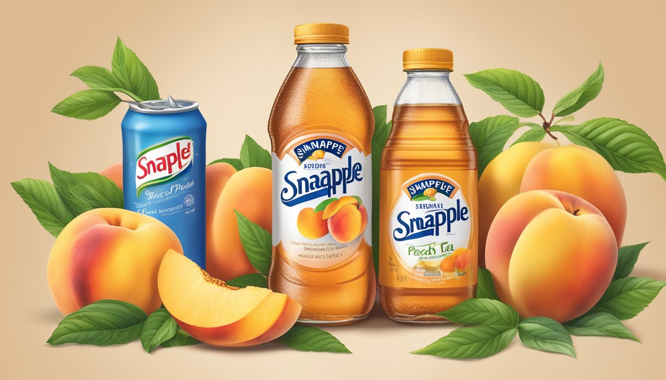 A bottle of Snapple Peach Tea surrounded by peaches and other high dextrose foods and beverages