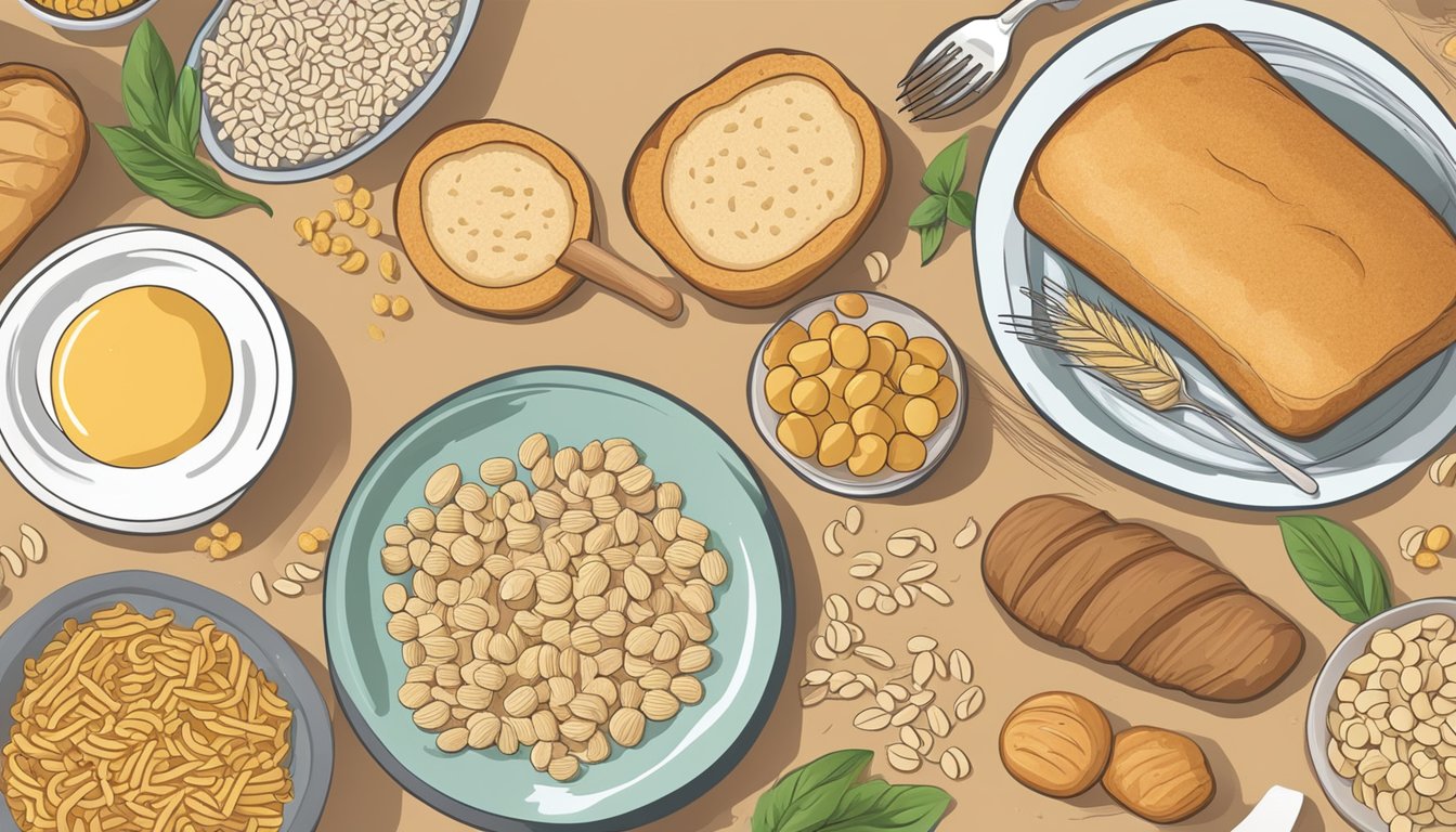 A table with bread, pasta, cereal, and other gluten-containing foods next to a list of 8 common high-gluten foods to avoid