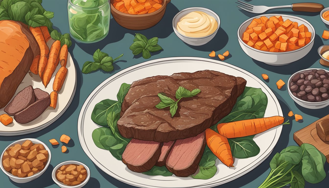 A plate of cooked beef liver surrounded by foods rich in retinol, such as carrots, sweet potatoes, and spinach