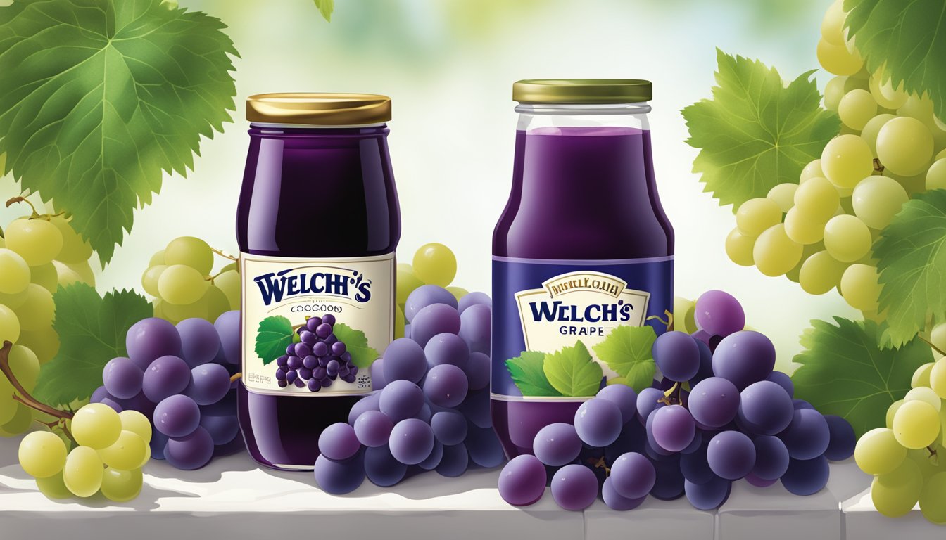 A jar of Welch's Concord Grape Jelly surrounded by grapes and a glass of grape juice