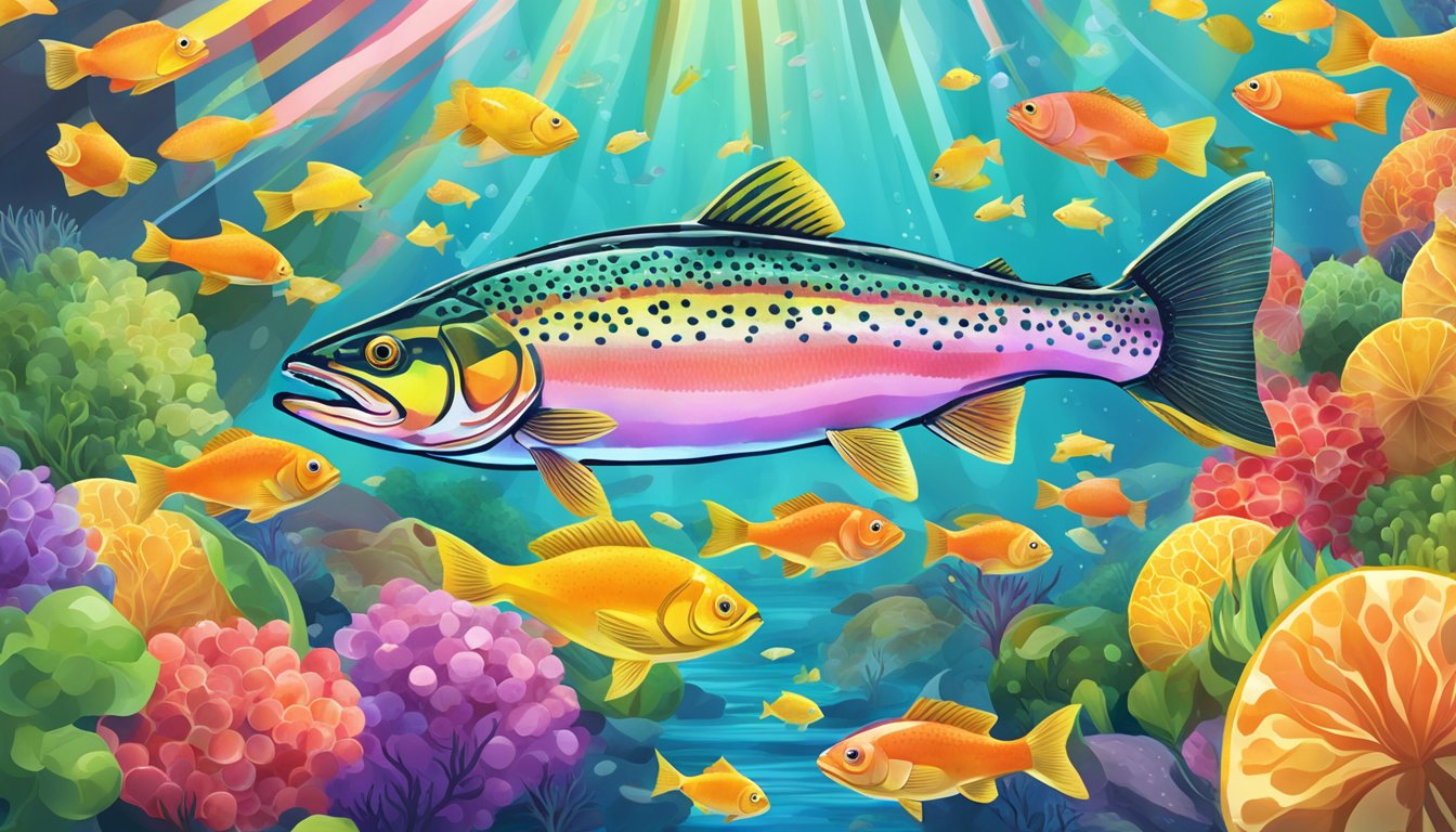 A rainbow trout swimming towards a school of brightly colored fish, surrounded by an array of vibrant, vitamin-rich foods