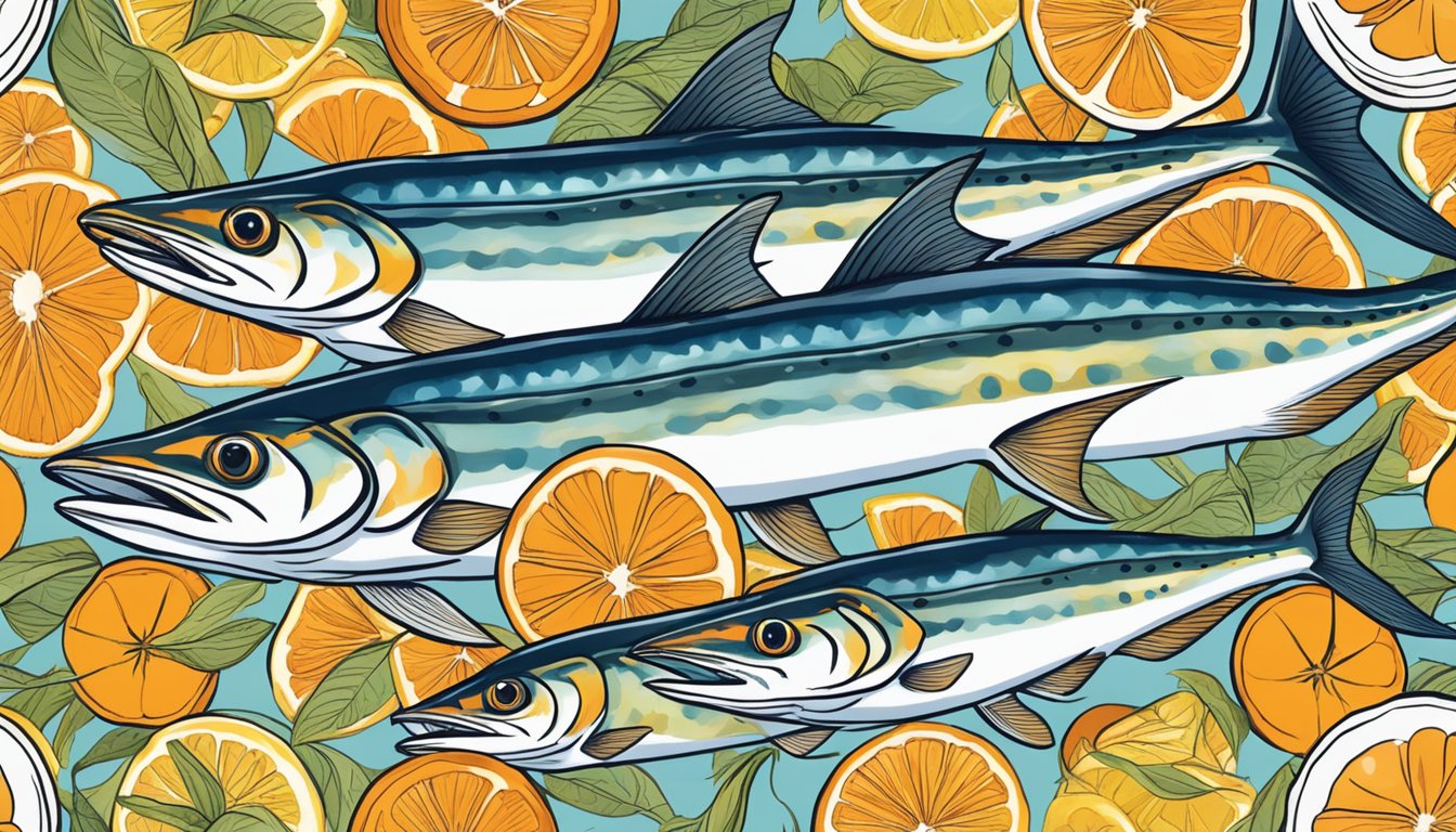 A school of king mackerel swimming among vibrant orange and yellow foods rich in retinol