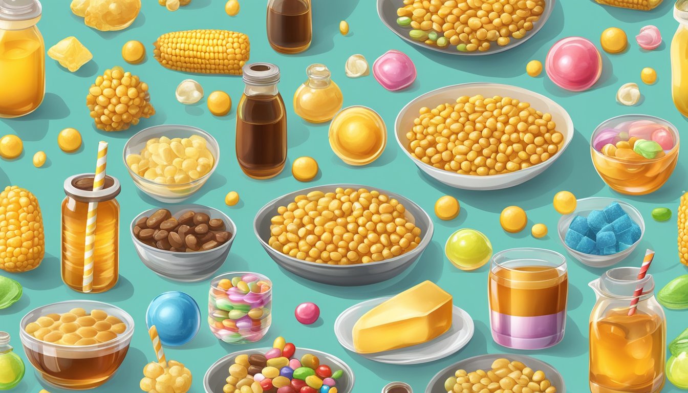 Various foods and drinks like honey, corn syrup, and candies surrounded by dextrose molecules