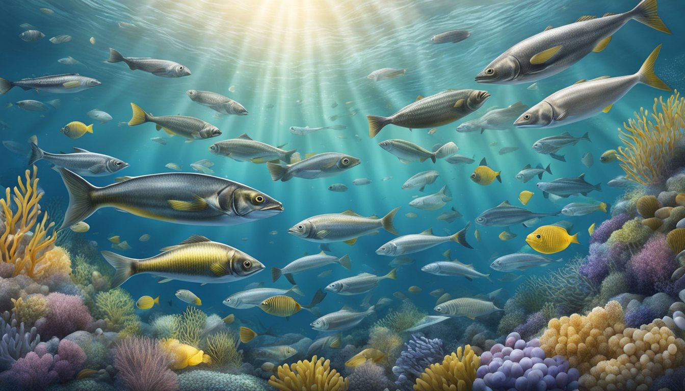 A school of Atlantic Herring swimming among a variety of foods rich in retinol, such as liver and eggs, under the ocean's surface