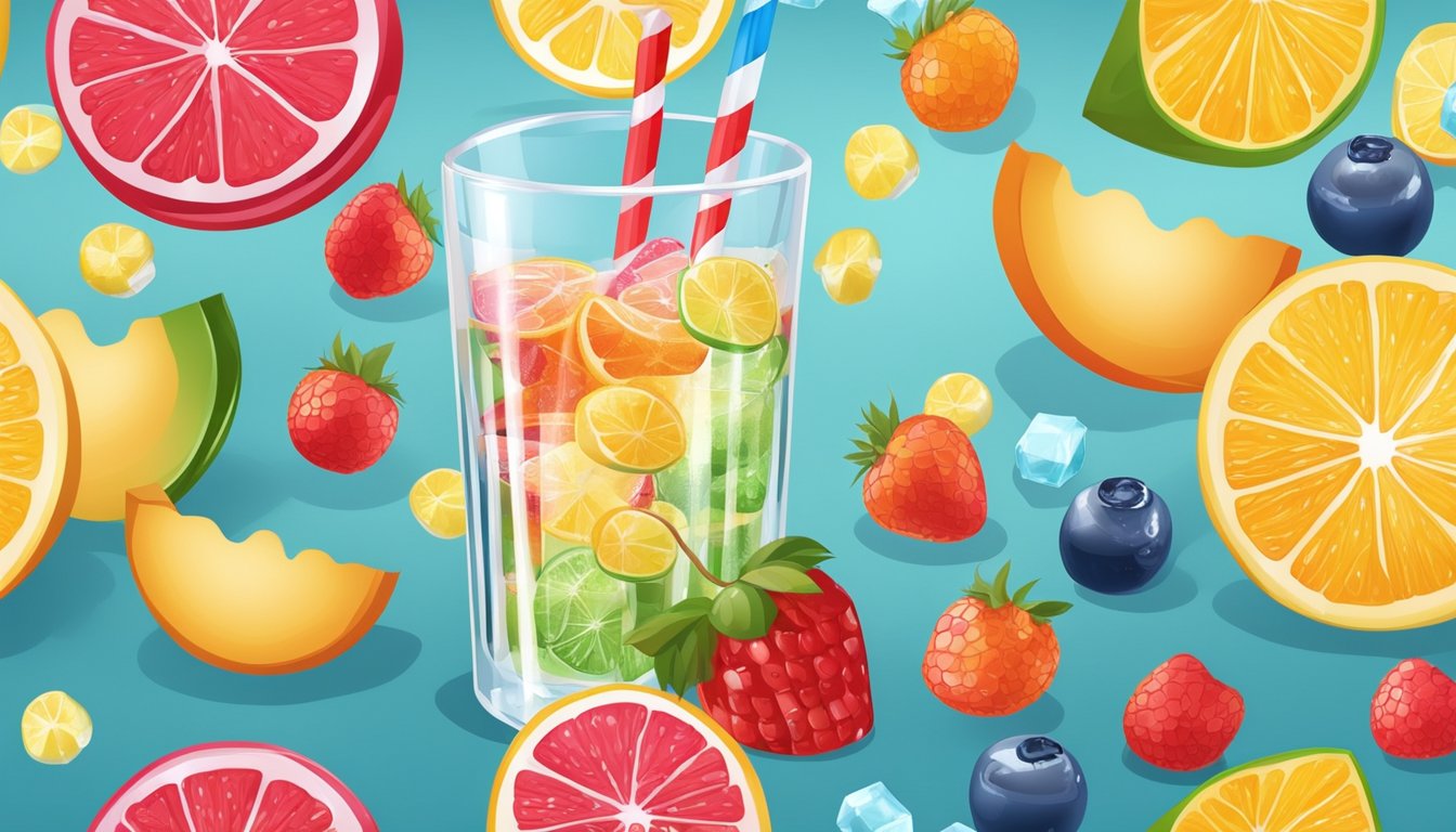 A glass of soda with ice cubes, surrounded by various fruits and candies, all containing high levels of dextrose