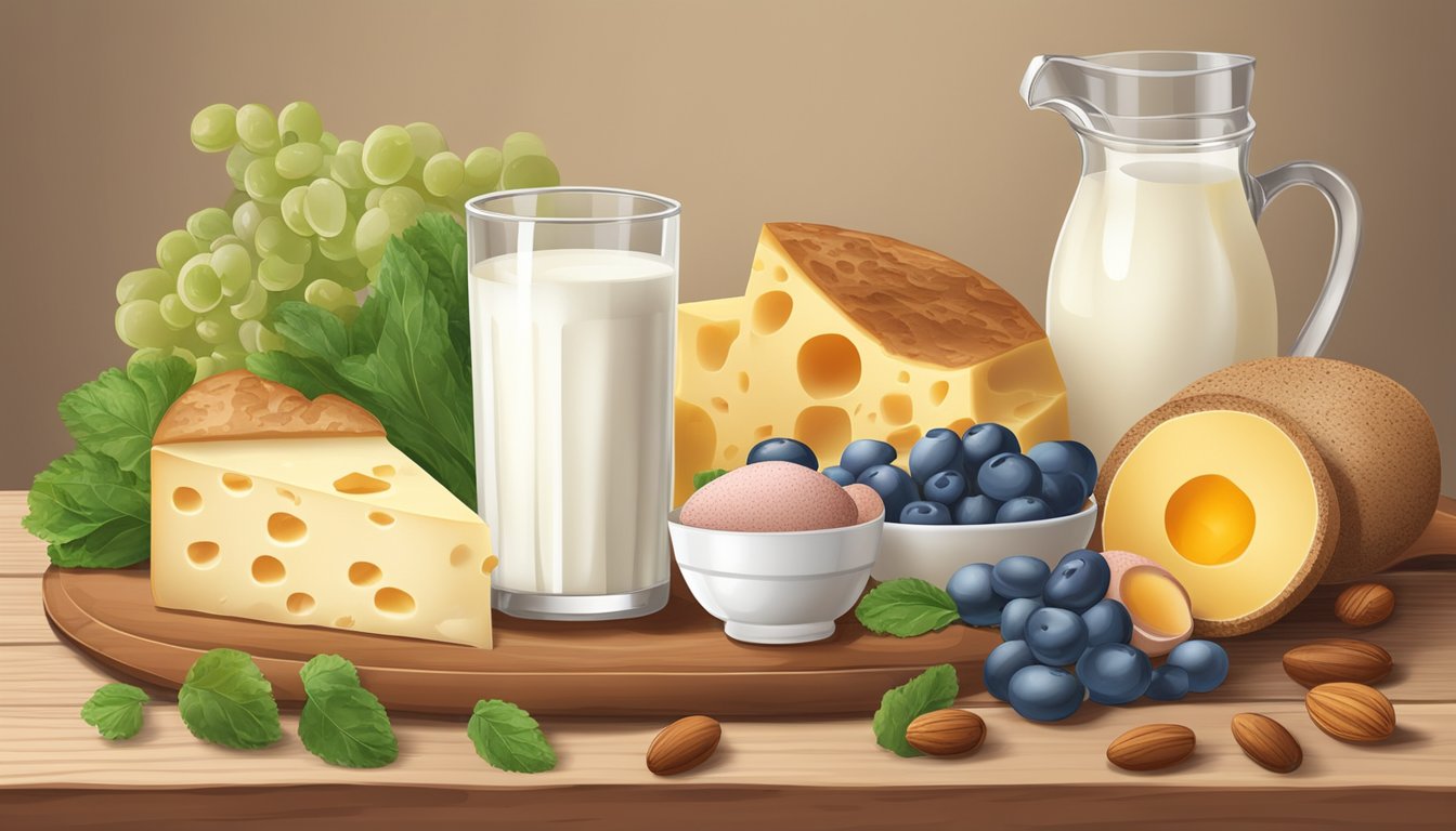 A glass of whole milk surrounded by foods rich in retinol, such as liver, eggs, and cheese, on a wooden table