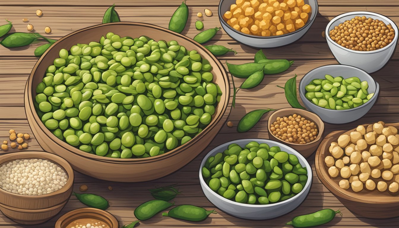 A bowl of edamame surrounded by other estrogen-rich foods like tofu, flaxseeds, and chickpeas on a wooden table