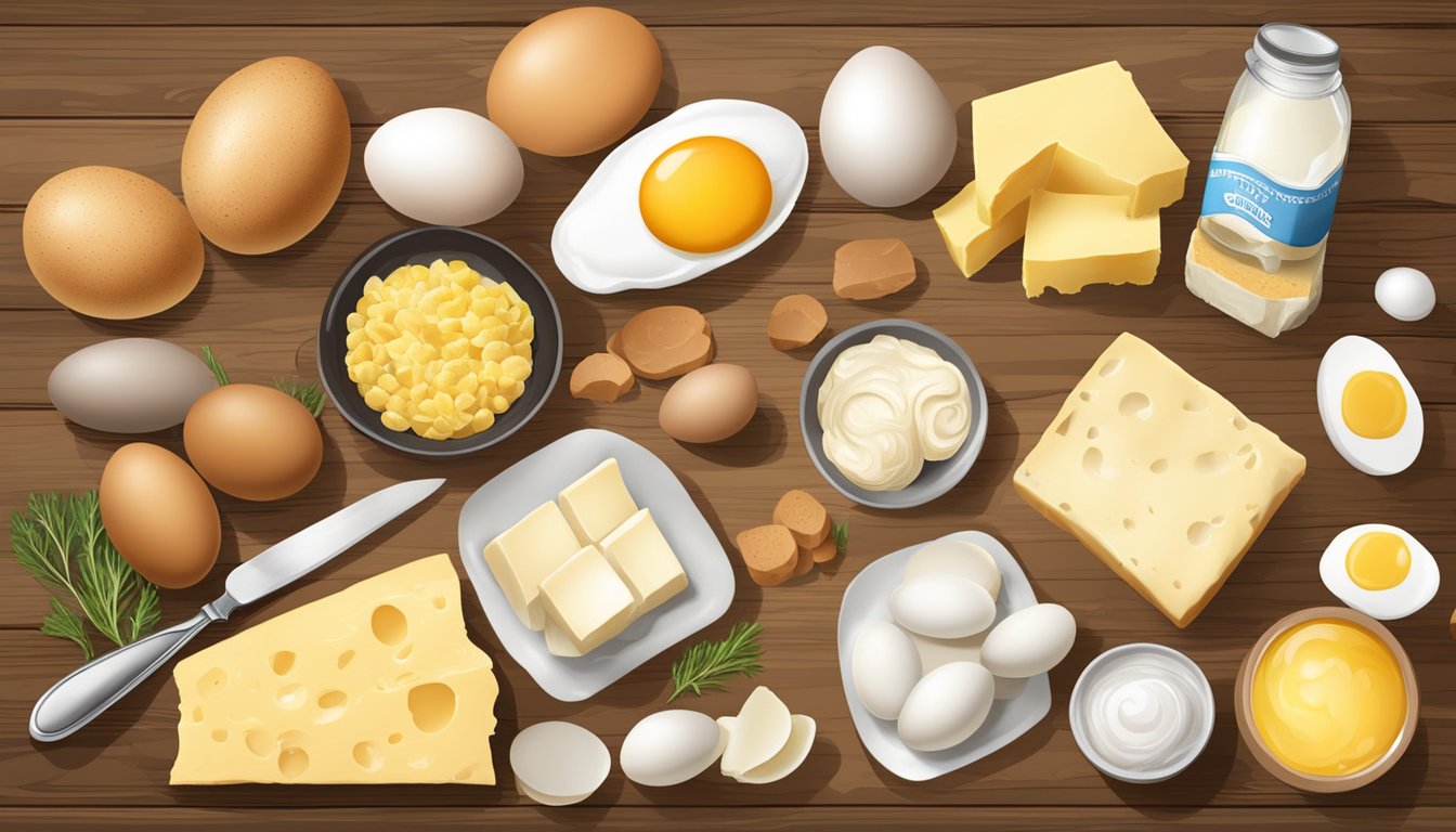 A variety of buttery foods, such as eggs, liver, and dairy products, arranged on a rustic wooden table