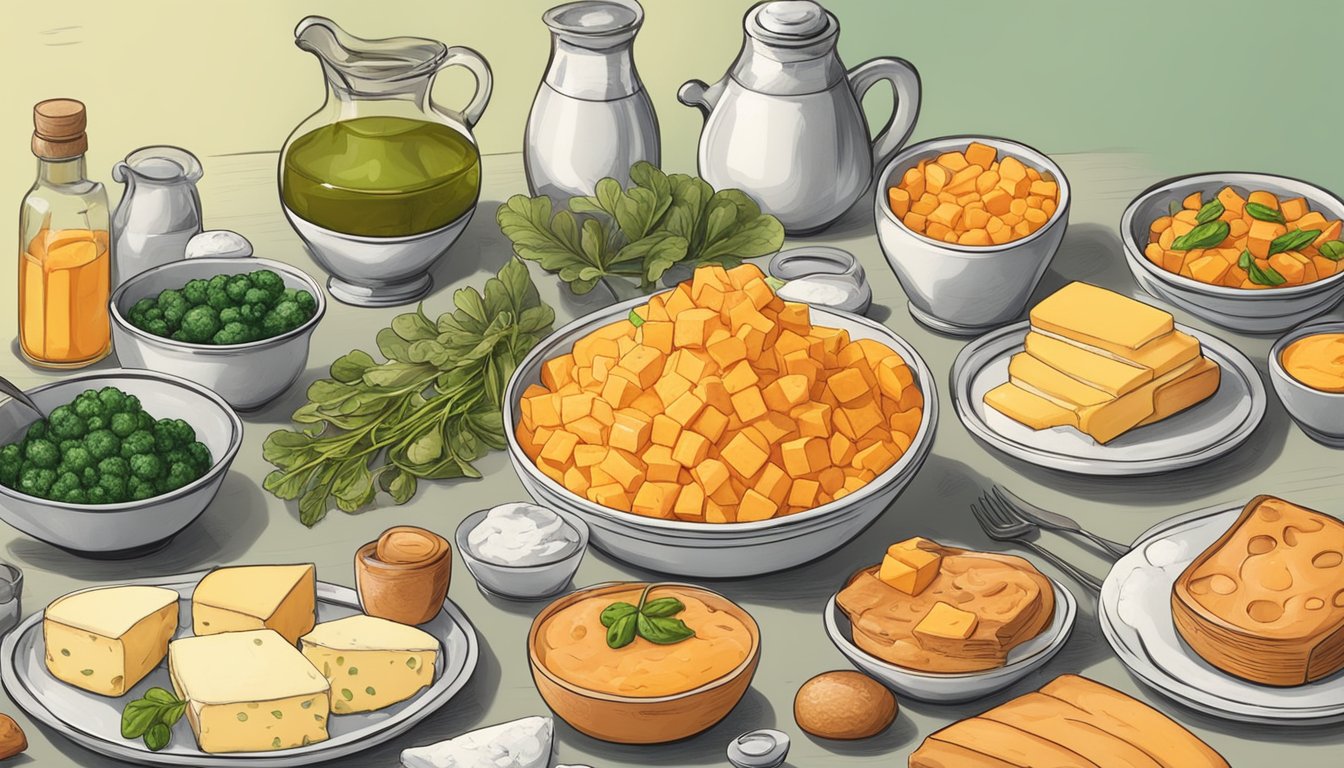 A table with a variety of cheddar cheese dishes surrounded by foods rich in retinol, such as carrots and spinach