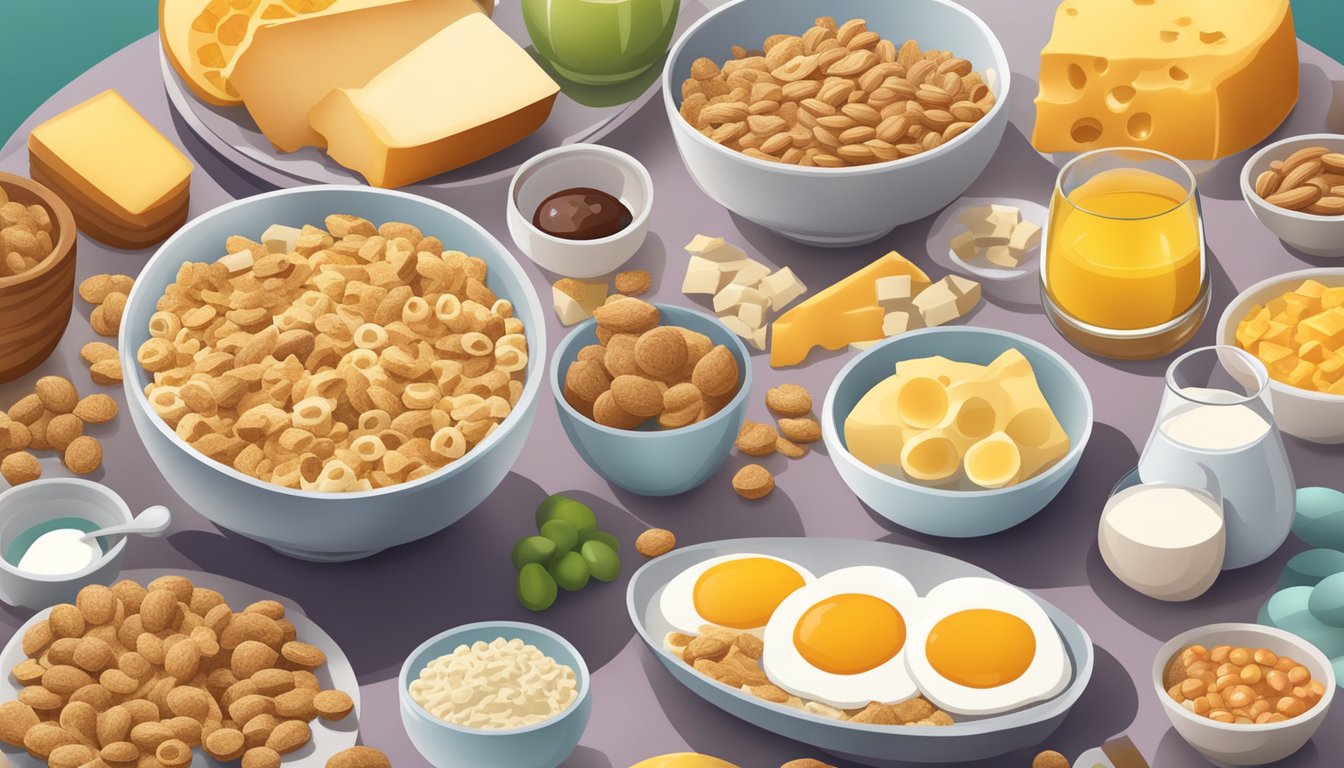 A bowl of fortified breakfast cereal surrounded by foods rich in retinol, such as eggs, milk, and cheese, on a table