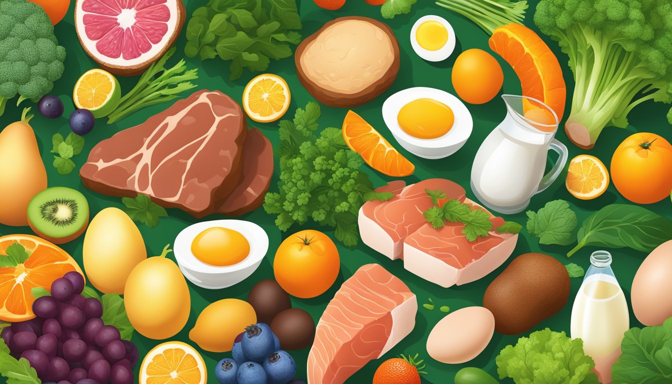 A colorful array of foods like liver, eggs, and dairy, bursting with vitamin A, surrounded by vibrant green leafy vegetables and bright orange fruits