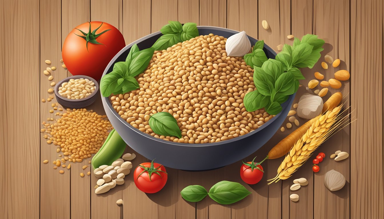 A bowl of wheat germ surrounded by various foods high in lectins, such as beans, tomatoes, and potatoes, on a wooden table