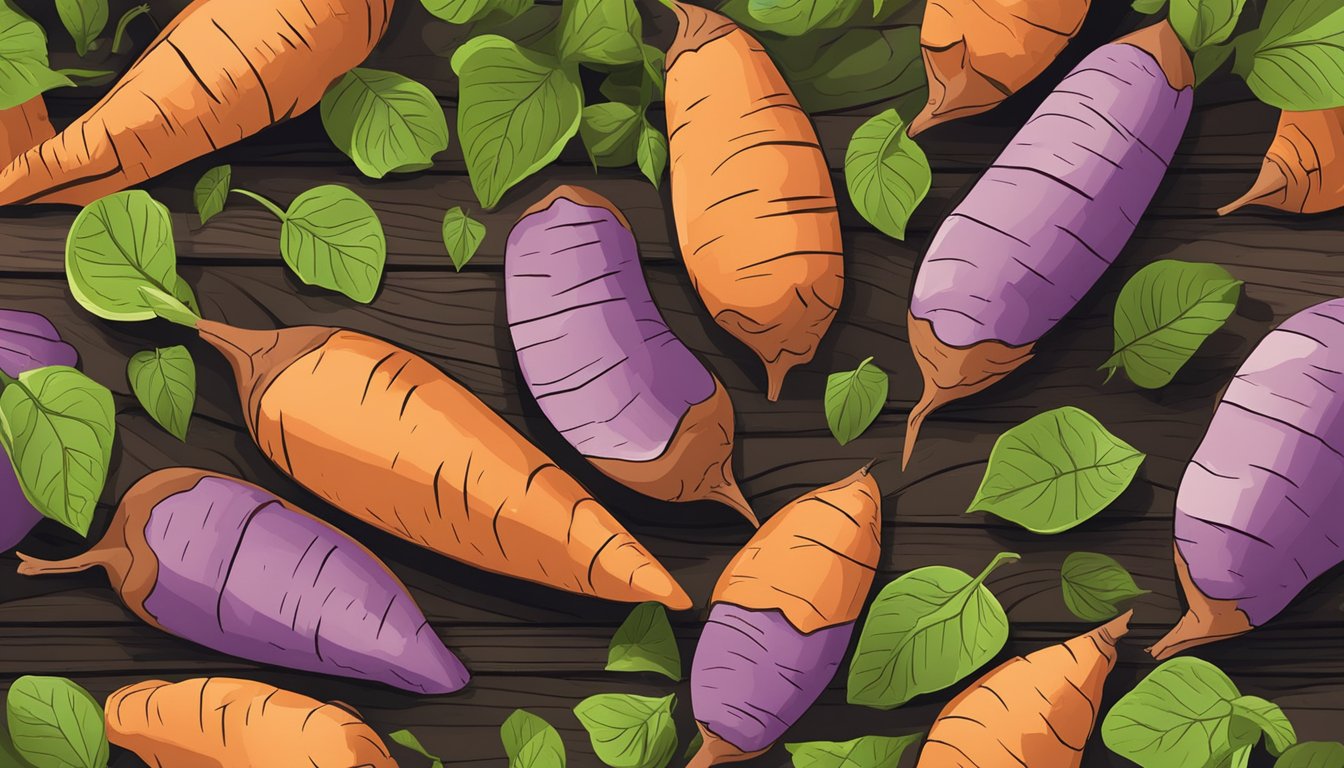 A colorful array of sweet potatoes, arranged on a rustic wooden table, surrounded by vibrant green leaves and a few scattered soil particles