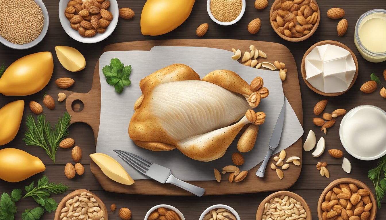 A chicken breast surrounded by arginine-rich foods like nuts, seeds, and dairy products on a wooden cutting board