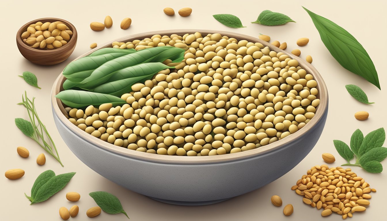 A bowl filled with soybeans, surrounded by foods rich in arginine like nuts, seeds, and fish