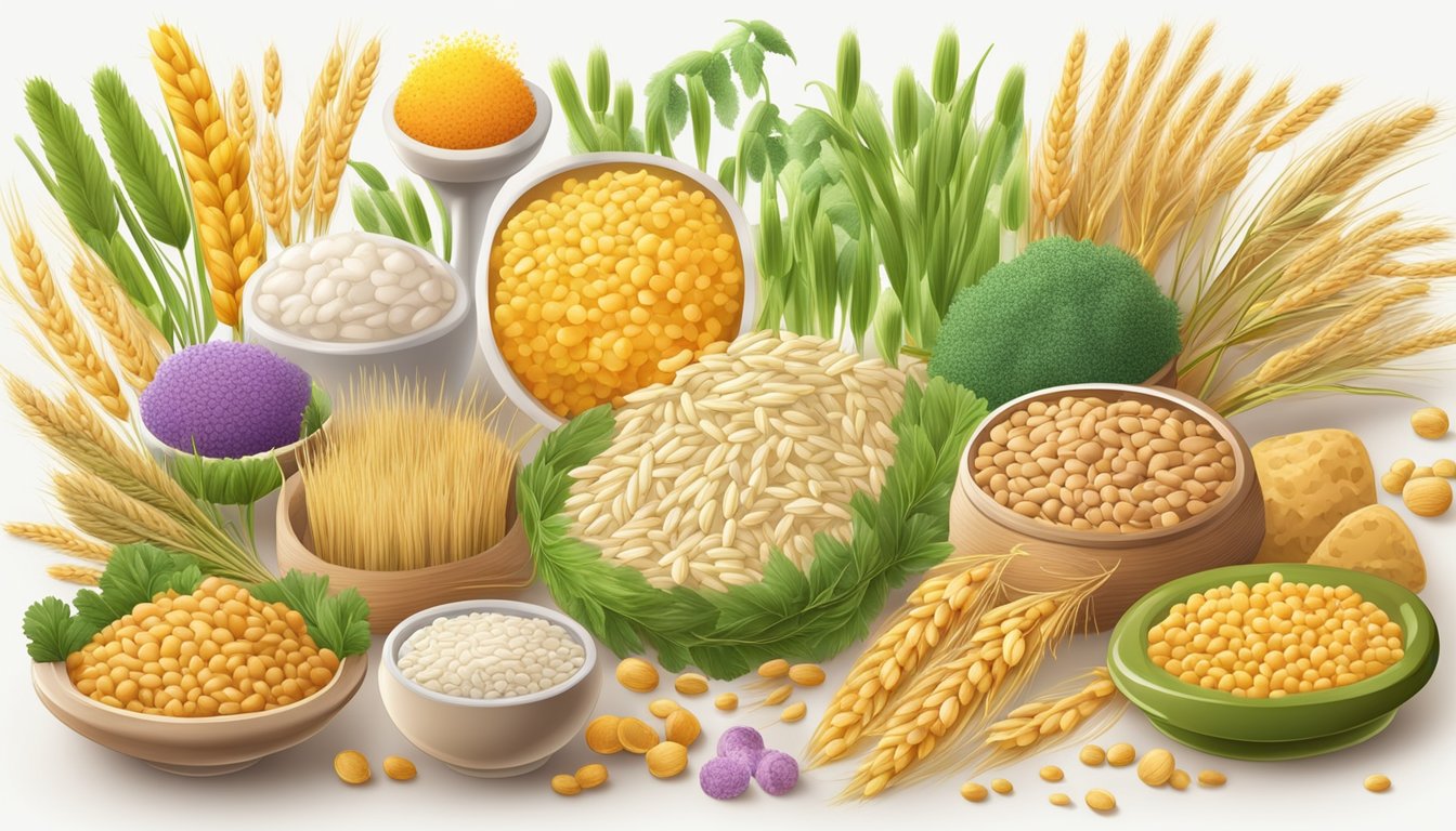 A variety of barley-based foods surrounded by colorful gut bacteria and butyrate molecules