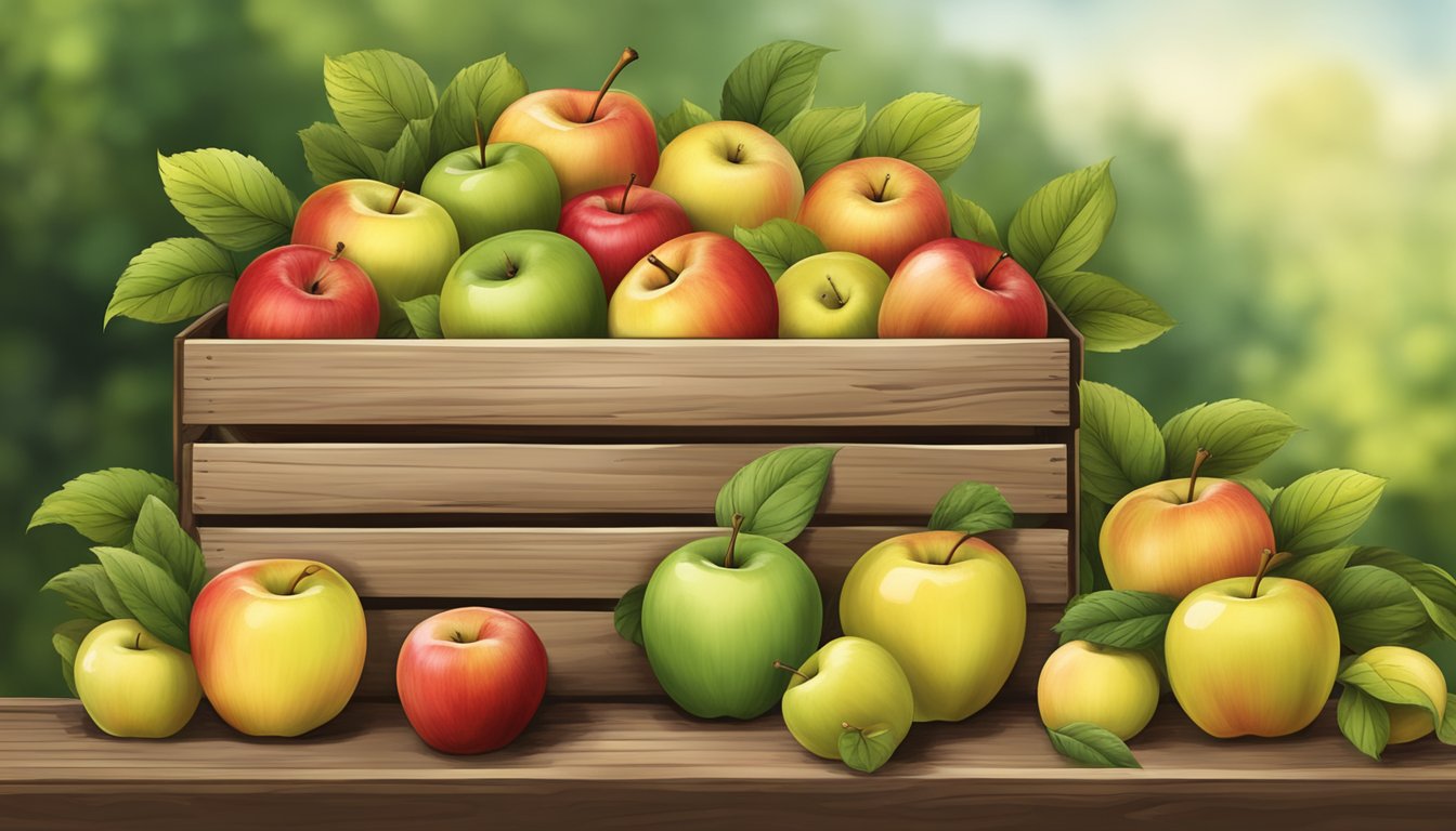 A colorful array of apples, including red, green, and yellow varieties, arranged in a rustic wooden crate with a backdrop of lush green foliage