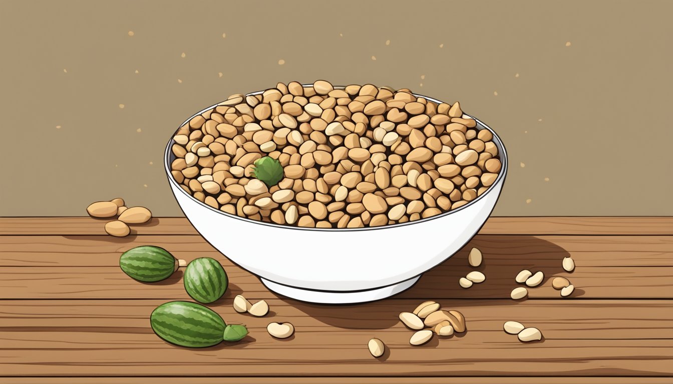 A bowl filled with peanuts, watermelon, chicken, pumpkin seeds, soybeans, lentils, and chickpeas arranged on a wooden table