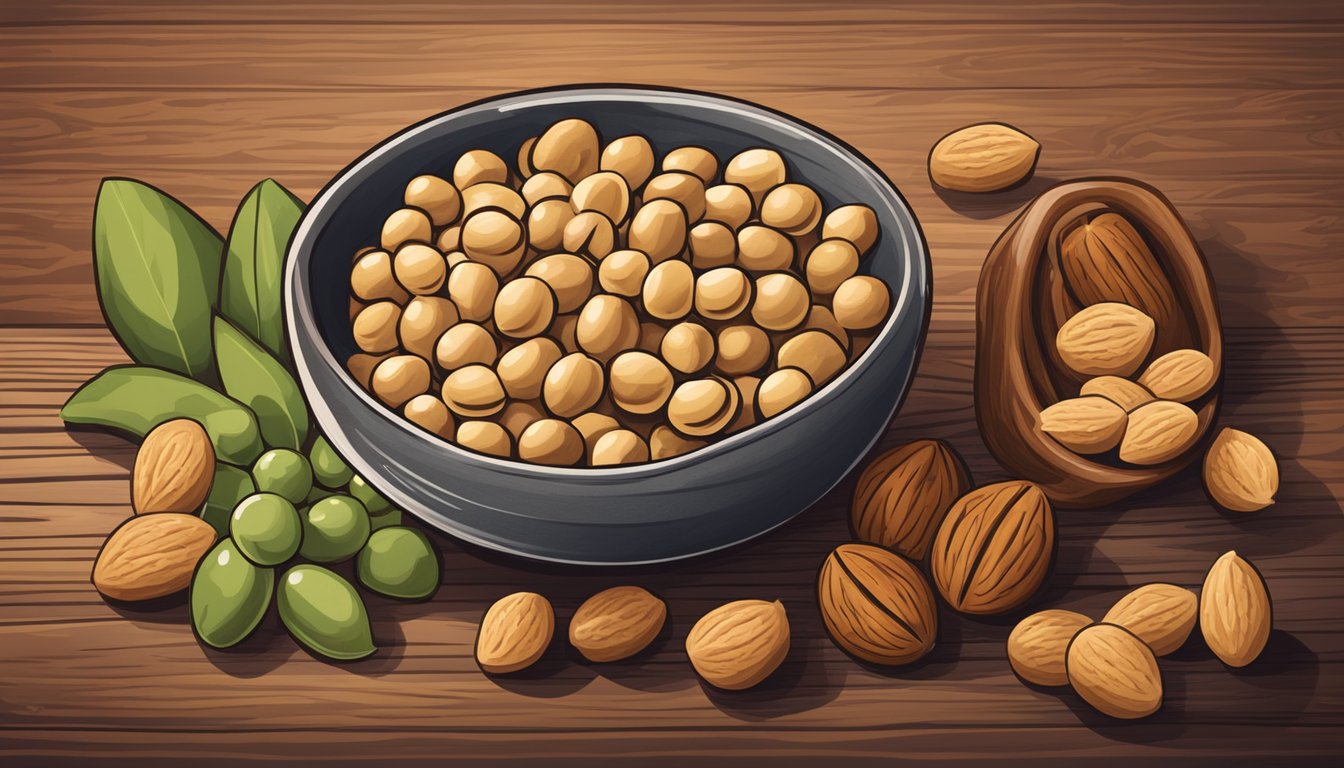 A bowl of chickpeas surrounded by almonds, walnuts, and soybeans on a wooden table