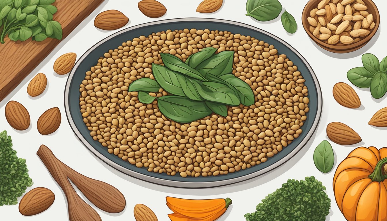 A bowl of lentils surrounded by almonds, walnuts, spinach, turkey, chicken, pumpkin seeds, and soybeans