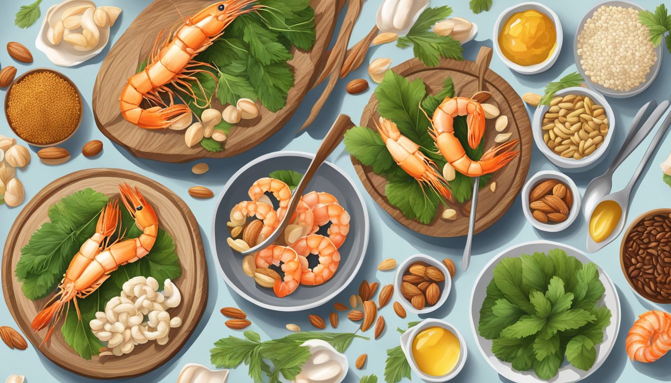 A table set with shrimp, nuts, seeds, and other arginine-rich foods