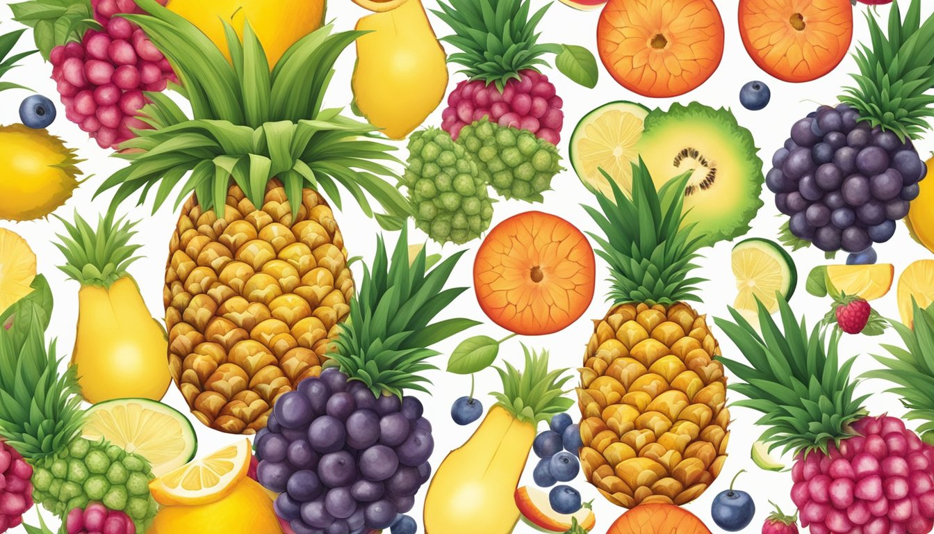 A pineapple core surrounded by a variety of colorful and appetizing fruits and vegetables, all rich in bromelain