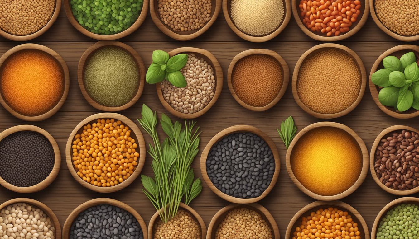 A colorful array of lentils, beans, and grains arranged in a rustic wooden bowl, surrounded by fresh herbs and spices