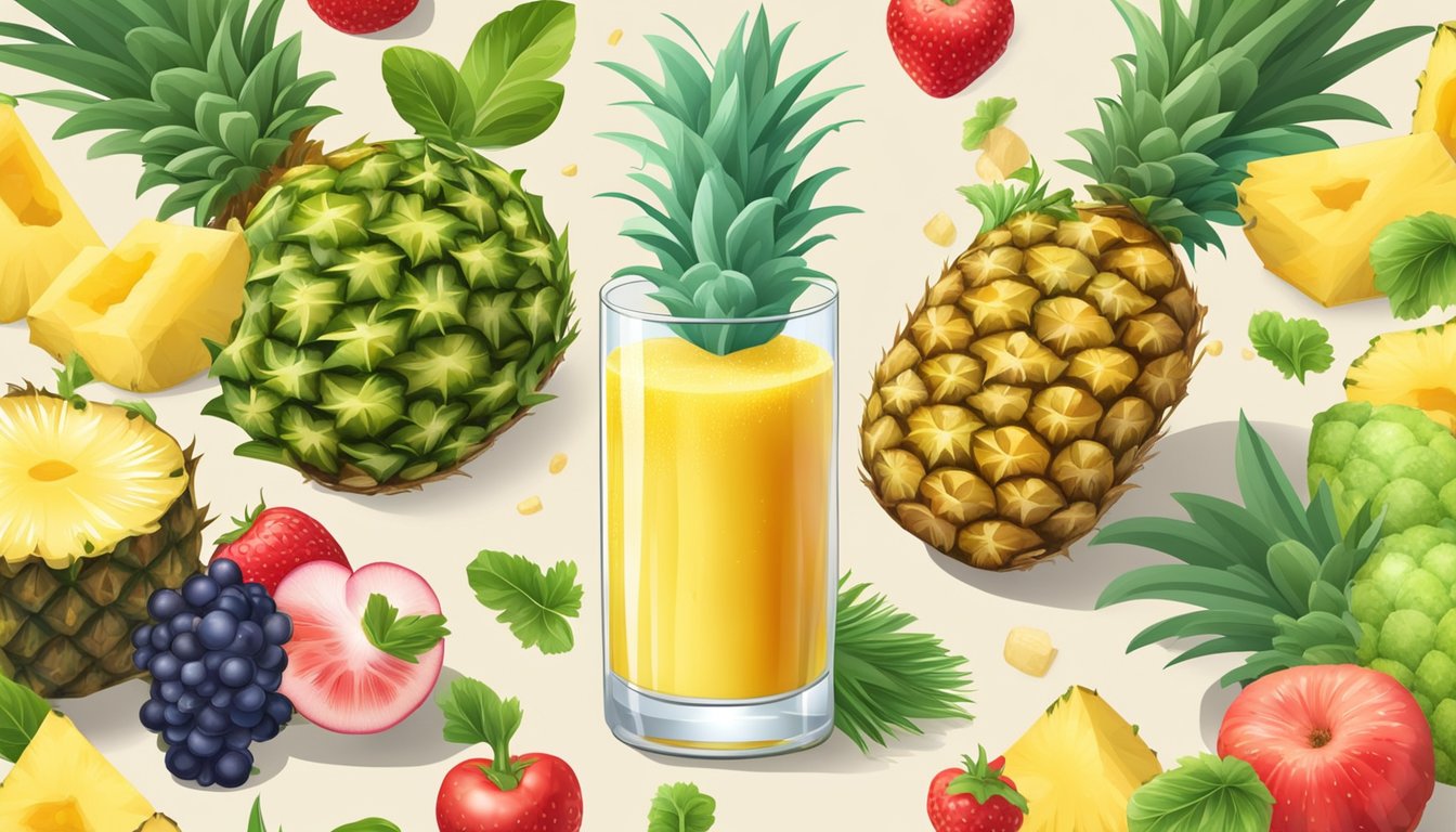 A glass of pineapple juice surrounded by fresh fruits and vegetables high in bromelain