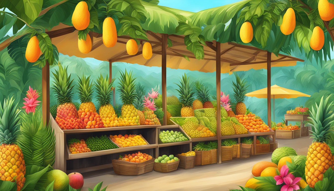 A vibrant tropical fruit market with an abundance of pineapples, papayas, and mangoes on display, surrounded by lush greenery and exotic flowers