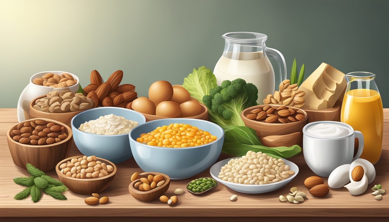 A variety of foods rich in arginine arranged on a wooden table, including nuts, seeds, meat, and dairy products