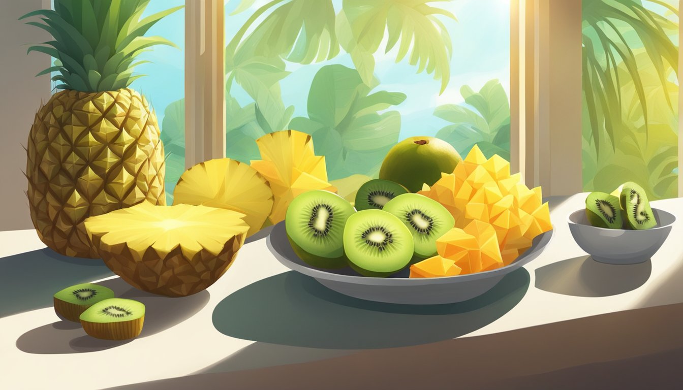 Green Papaya slicing pineapple, papaya, and kiwi. A bowl of tropical fruits on the table. Sunlight streaming through the window