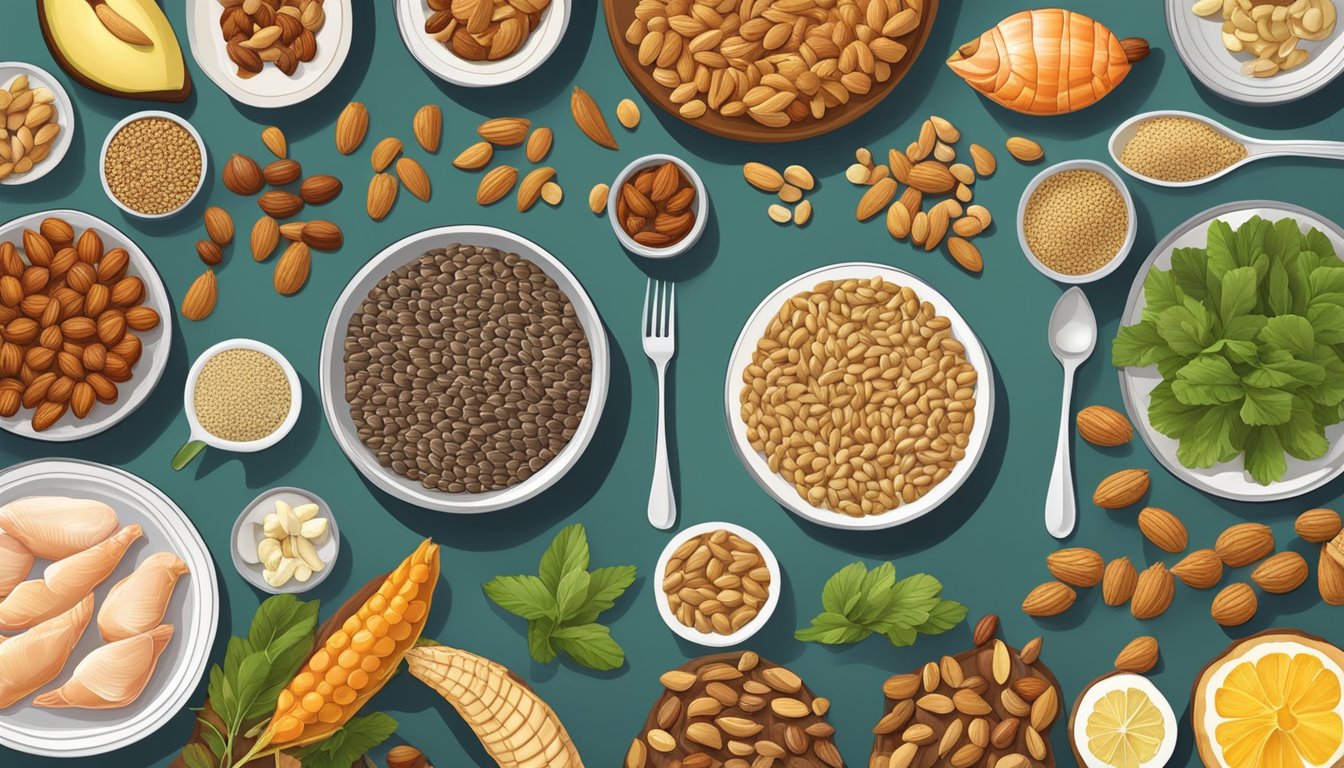 A table with 8 different types of food rich in arginine, such as nuts, seeds, and seafood, arranged in an organized and visually appealing manner