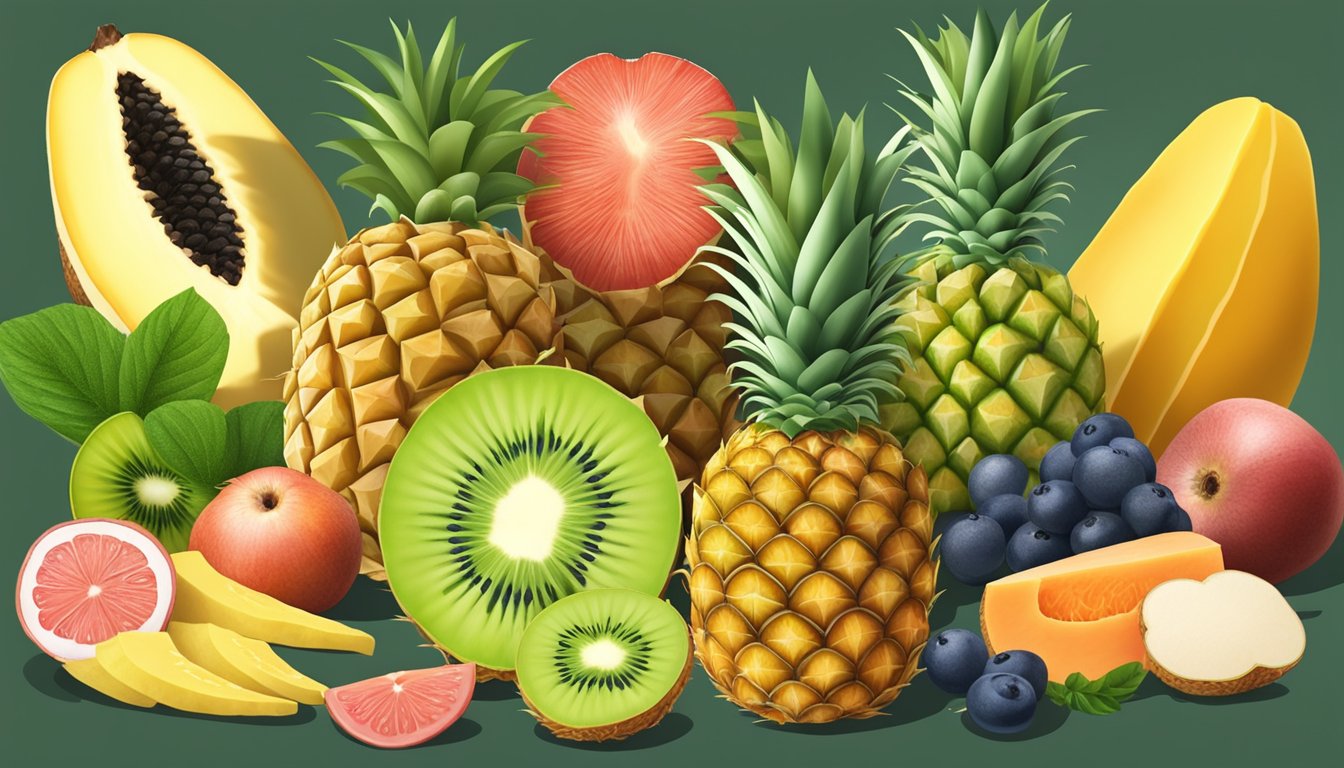 A ripe pineapple surrounded by a variety of delicious foods high in bromelain, such as papaya, kiwi, and ginger