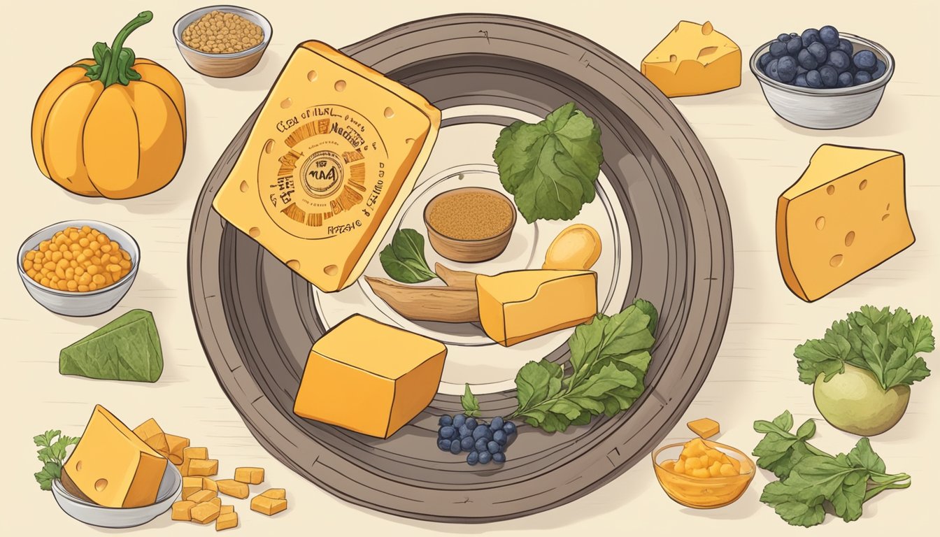 A wheel of aged cheddar surrounded by other high tyramine foods, with a warning sign for migraine and MAOI interactions