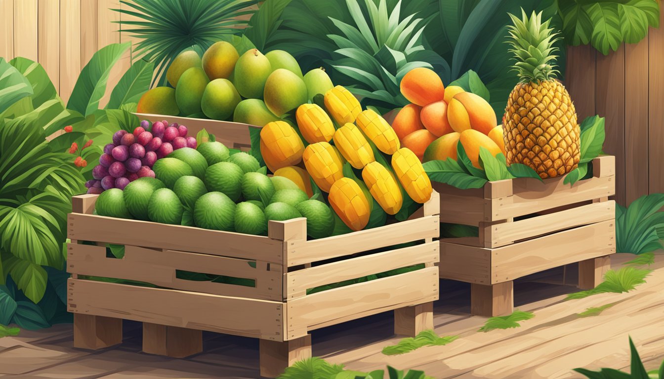 A tropical fruit market with vibrant pineapples, papayas, and mangoes displayed on wooden crates, surrounded by lush greenery