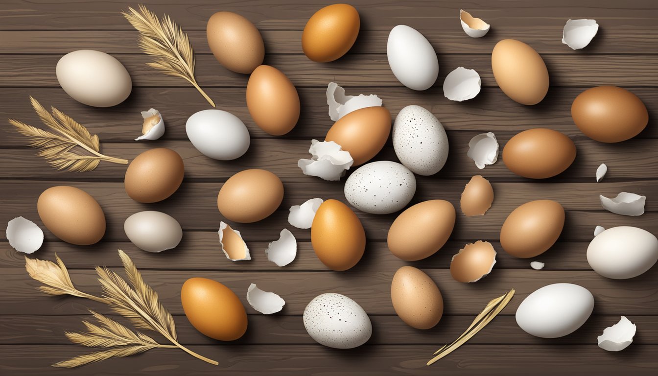 A variety of eggs (chicken, duck, quail) arranged on a rustic wooden table with a carton and scattered eggshells