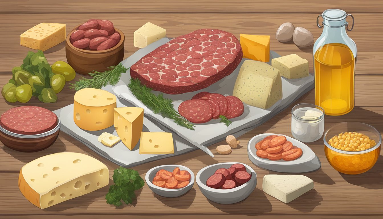 A table with a variety of high tyramine foods such as salami, aged cheese, and pickled items, with a warning sign about migraine and MAOI interactions