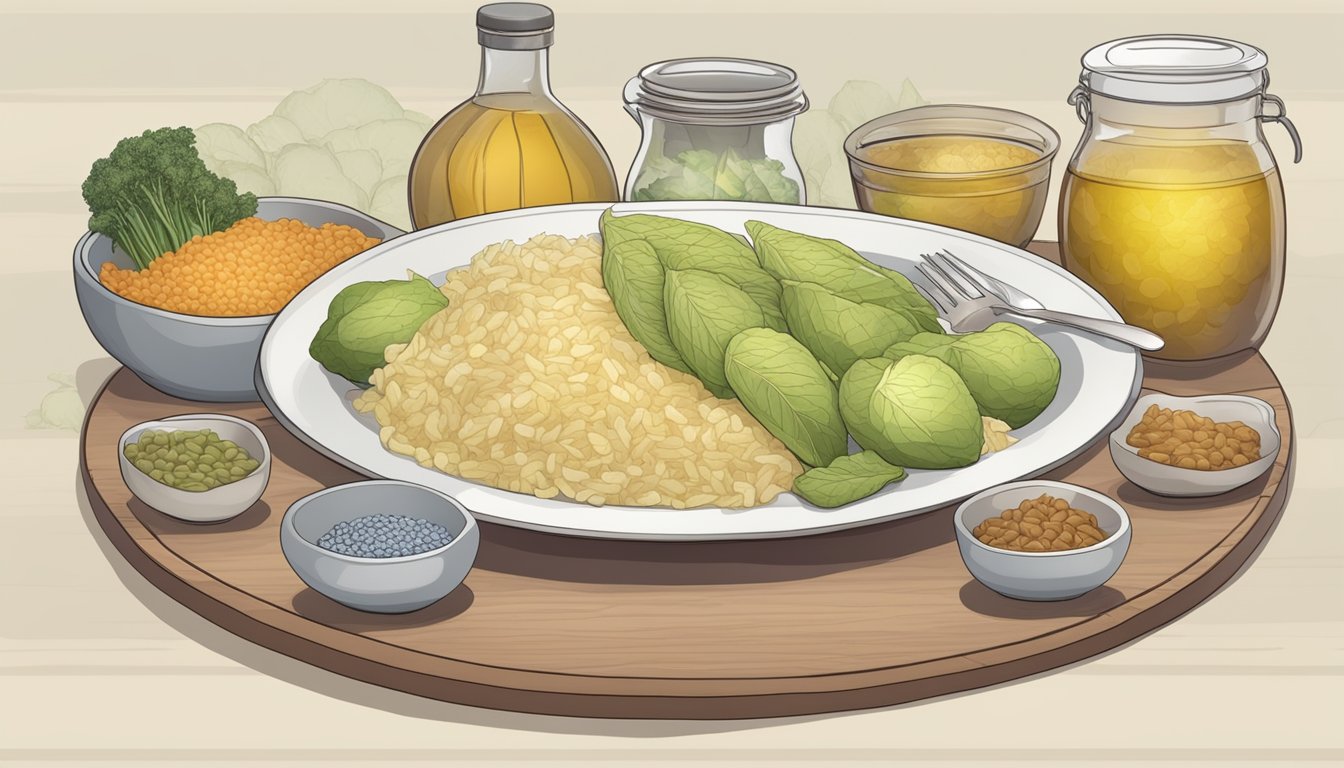 A table set with a variety of high tyramine foods, including sauerkraut, with a warning sign about migraine and MAOI interactions